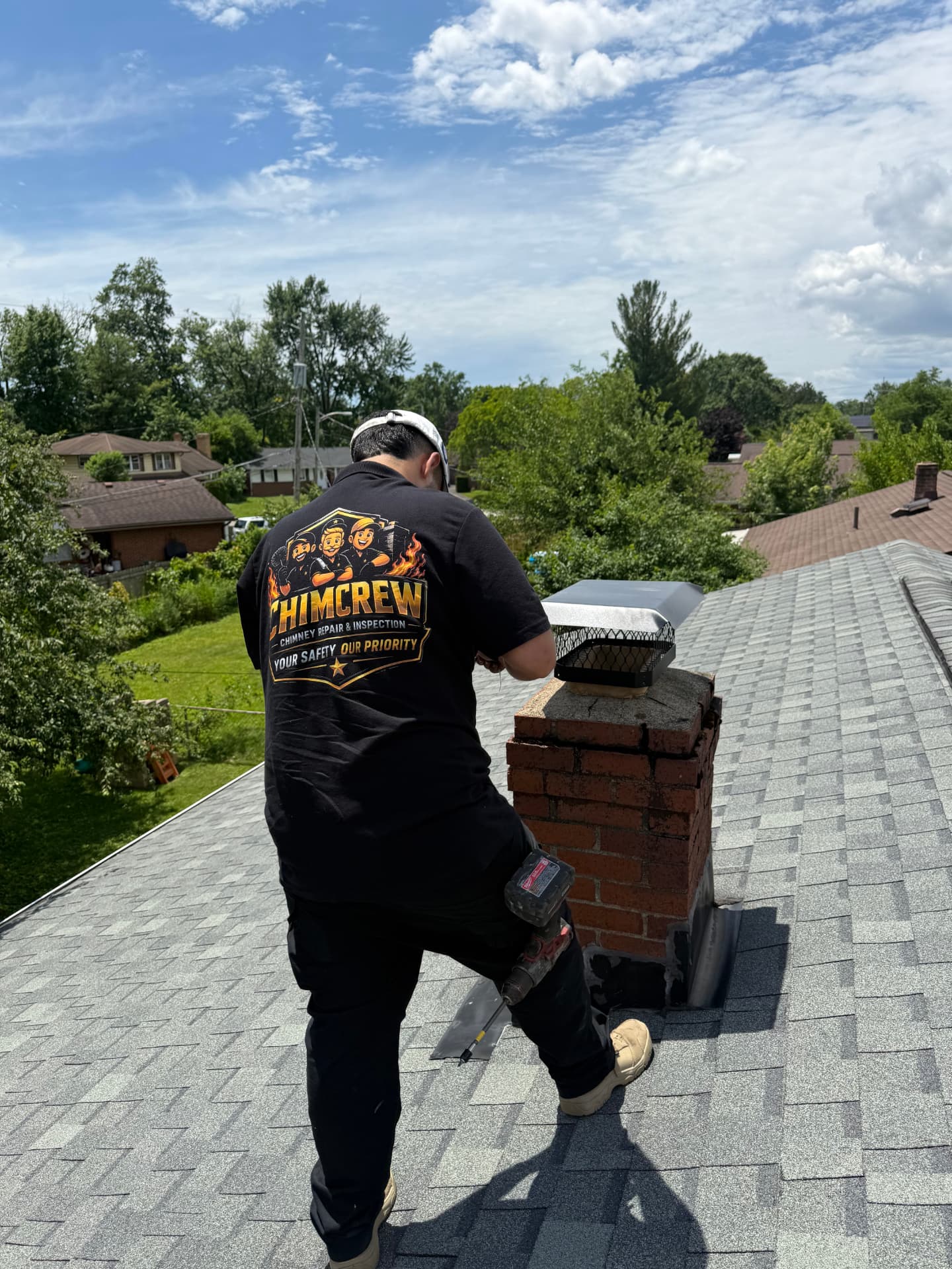 ChimCrew technician installing a chimney cap on a Dayton roof